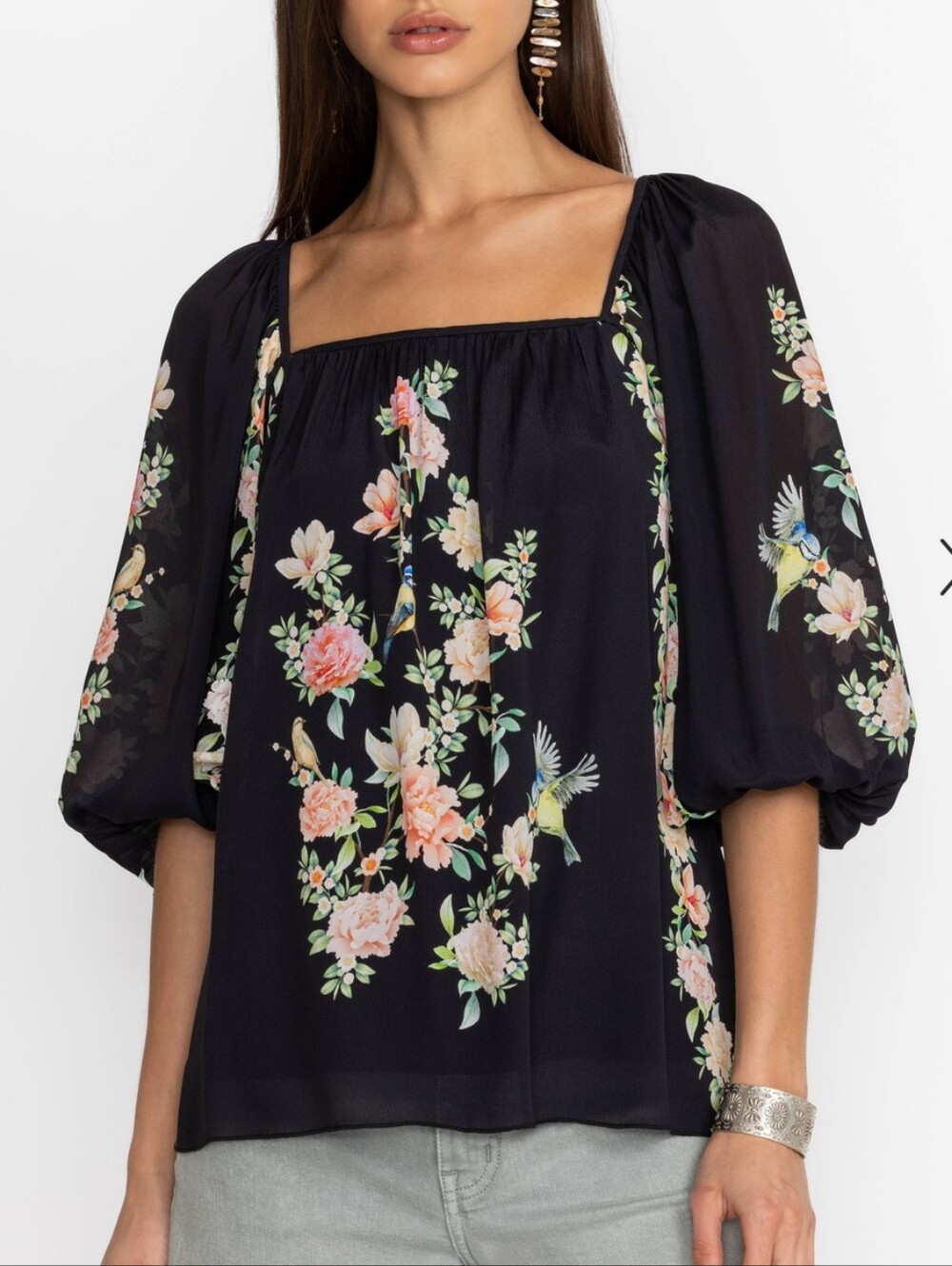 Johnny Was Byrdie Floral Off-Shoulder Peasant Top in Black and Pink Size XS